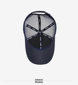 Internal view of the navy blue mesh baseball cap with FBKS branded seam tape and buckle