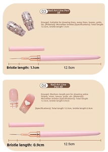 Detail view of pink nail art liners with fine fiber bristles and rose gold connectors