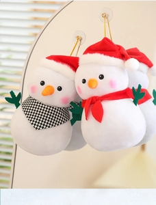 Detail of hanging Christmas snowman plush dolls with red hats and checkered scarves