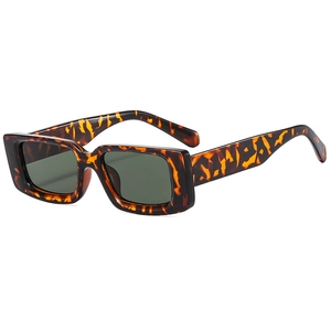 Retro rectangle tortoiseshell sunglasses with dark green lenses in a 45-degree side view