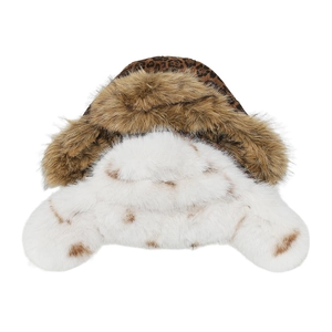 Detailed view of leopard print and white faux fur earflap hats with plush texture