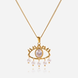 Vintage Stainless Steel Evil Eye Pendant Necklace Gold Plated Zircon Artificial Pearl Bohemian Jewelry For Women Daily Accessories