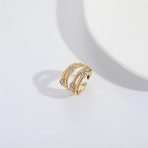Minimalist adjustable gold ring with three-layer textured bands and zircon stars