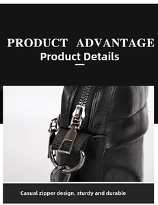 Close-up of durable metal zipper and leather texture on a minimalist black crossbody bag