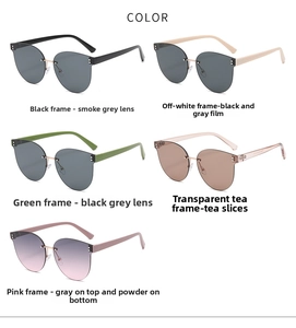 Detail view of oversized rimless sunglasses in five stylish colors with metal hinges