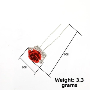 Detail view of 2cm red rose bridal U-shaped hair pin with rhinestones, length 7cm, 3.3g