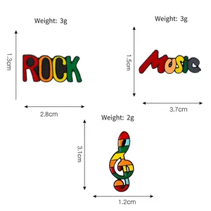 Three-piece music alloy pins set with rainbow enamel Rock and Music lettering and G-clef