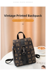Detailed view of a vintage printed backpack with metal buckle closure on a warm studio set