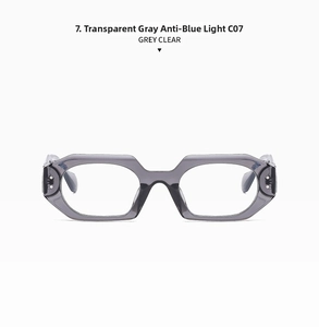 Detail of grey clear hexagonal anti-blue light glasses with metal rivets and hinges