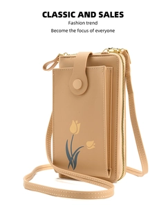 Detailed view of beige mini crossbody phone bag with yellow tulip print and zipper pocket