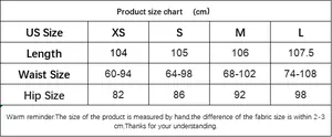 Detailed size chart for high waist velvet flare pants showing XS to L measurements