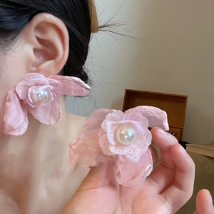 Pink petal mesh earrings with pearls and crystal tassels for a sweet bohemian beach style
