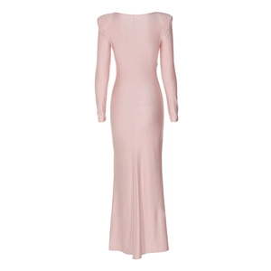 Rear view of sleek pink slim-fit evening gown with long sleeves and floor-length hem