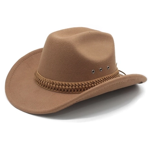 Detail of brown wool cowboy hat with woven band and metal eyelets on white background