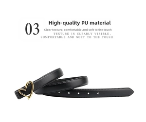 Detail of a thin black PU leather belt featuring a golden heart-shaped metal buckle