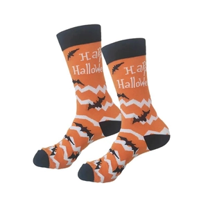 Detail of Halloween crew socks featuring Happy Halloween text and black bat patterns