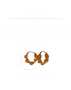 Detail view of gold-plated flower hoop earrings with orange rhinestones and dimensions