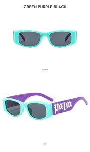 Detailed views of kids green and purple sunglasses with black lenses and palm text