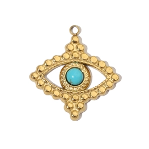 Detailed view of evil eye gold pendant with turquoise stone inlay for necklaces