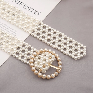 Elegant wide pearl belt for women featuring luxury golden buckle and woven mesh design