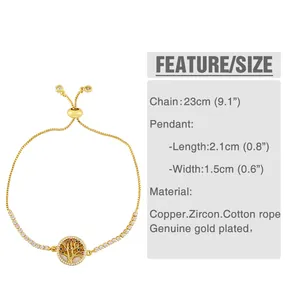Detailed sizing guide showing adjustable 23cm gold-plated tree of life zircon bracelet