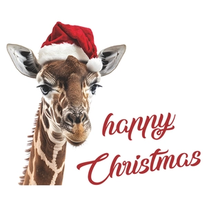 Adesivo murale giraffa di Natale con cappello da Babbo Natale e scritta Happy Christmas