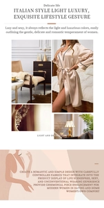 Detail of champagne gold satin robe with black contrast piping and elegant silk texture