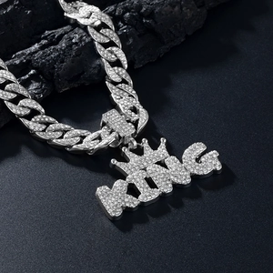 Hip hop silver Cuban chain necklace with iced-out KING crown pendant and crystals