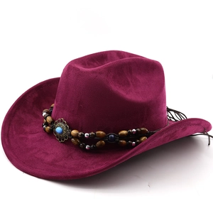Bohemian burgundy suede cowboy hat with turquoise bead band and wide curved brim