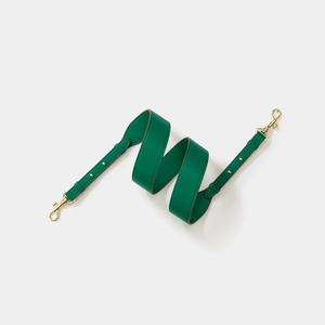 Dark green leather adjustable shoulder strap with gold swivel hooks and metal studs