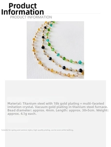 Detail of colorful faceted crystal beads on an 18k gold-plated titanium steel choker