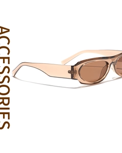 Macro side view of brown oval sunglasses frame showing temple specs and CE mark