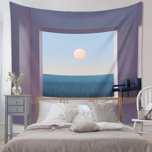 Bohemian surrealist window view tapestry with moon over blue sea for wall decoration