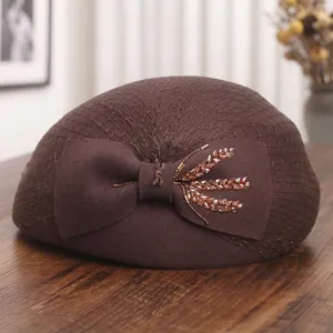 French vintage coffee wool beret with elegant mesh bow and beaded wheat pattern