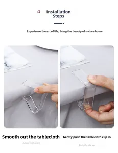 Installation guide showing U-shaped transparent plastic tablecloth clips for secure anti-slip grip