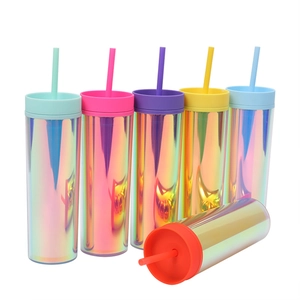 Set of 6 colorful 16oz double-wall plastic tumblers with straws in iridescent laser finish