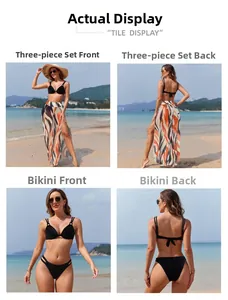 Three-piece bikini set with high-waisted patterned beach pants and black top