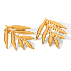 Minimalist 18K gold leaf stud earrings in high-polished stainless steel for women