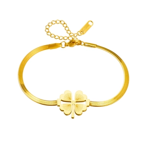 Gold stainless steel snake chain bracelet featuring a minimalist lucky clover pendant