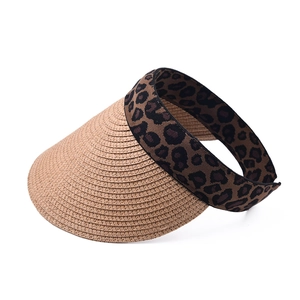 Straw visor with leopard print elastic band for sun protection and outdoor fashion style