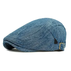Classic blue denim beret with vintage jacquard pattern and bronze adjustable side buckle