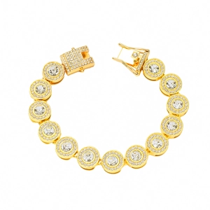 Men's hiphop gold-plated bracelet featuring round clusters of clear sparkling crystals