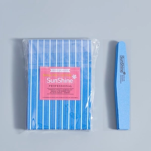 Close-up of blue SunShine nail sponges showing the 100/180 grit washable surface detail