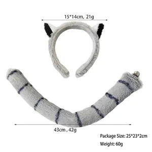 Detail view of plush animal headband and tail set with specific sizes and weights