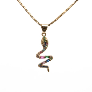 Gold snake pendant necklace with colorful cubic zirconia stones and box chain