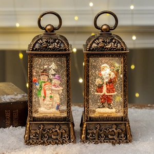 Vintage bronze Christmas lanterns with Santa and snowman scenes, glowing in warm light