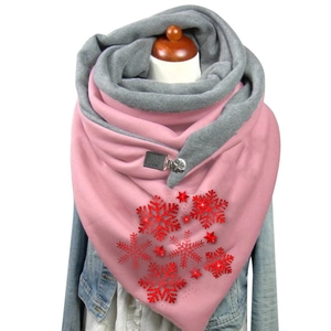 Warm pink and gray winter shawl with glittering snowflake patterns and button closure