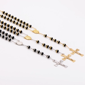 Religious rosary necklaces with 8mm black beads and 18K gold plated crucifix pendants