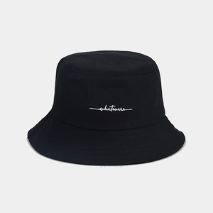 Classic black cotton bucket hat with white 'whatever' embroidery for sun protection