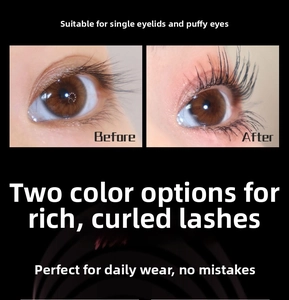 Macro shot showing Before and After effect of black volumizing and curling mascara